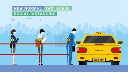 Illustration for New normal taxi queuing after covid-19 corona virus pandemic. Business people stand apart using mobile phone at queue line number in rush hour. Protection is social distancing and wearing mask. - Royalty Free Image