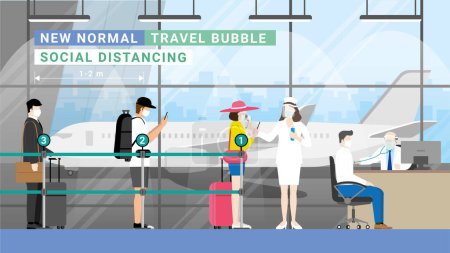 Illustration for Travel bubble concept. After quarantine re-opening international airport for travel. People wearing mask and social distancing at queue line for doctor medical checkpoint. New normal lifestyle. - Royalty Free Image