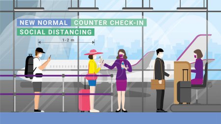 Illustration for After quarantine re-opening country airport for travel and business. People wearing mask and social distancing queue for airline crew checkpoint at counter check in. New normal lifestyle of traveling. - Royalty Free Image