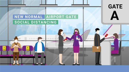 Illustration for After quarantine re-opening country airport for travel and business. People wearing mask and social distancing queue for airline crew checkpoint at boarding gate. New normal lifestyle of traveling. - Royalty Free Image