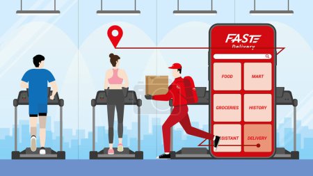 Illustration for Online shopping and fast delivery concept. Delivery man and parcel box with fast express deliver get through mobile phone application. Target to customer transportation at fitness center. - Royalty Free Image