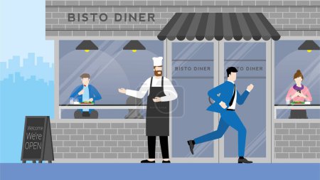 Illustration for Urgent lifestyle concept. Business man run through bistro restaurant without interested. Hurry up in rush hour of occupation. Banner vector illustration flat style minimal design. - Royalty Free Image