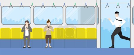 Illustration for Urgent lifestyle concept. Office man running to train public transportation. Hurry up in rush hour to be on time of professional occupation. Banner vector illustration flat style minimal design. - Royalty Free Image