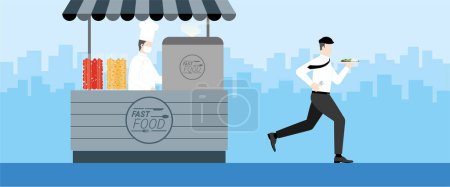 Illustration for Urgent lifestyle concept. Office man run and take on the go ready to eat fast food from food shop kiosk. Hurry up in rush hour of occupation. Banner vector illustration flat style minimal design. - Royalty Free Image
