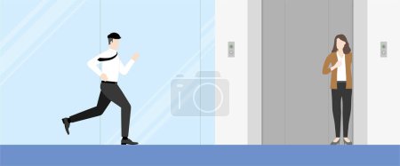 Illustration for Urgent lifestyle concept. Office man running to office lift. Hurry up in rush hour of occupation. Banner vector illustration flat style minimal design. - Royalty Free Image
