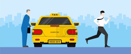 Illustration for Urgent lifestyle concept. Office man running while businessman grab the taxi. Hurry up in rush hour to be on time of professional occupation. Banner vector illustration flat style minimal design. - Royalty Free Image