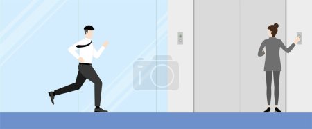 Illustration for Urgent lifestyle concept. Office man running to office lift. Hurry up in rush hour of occupation. Banner vector illustration flat style minimal design. - Royalty Free Image