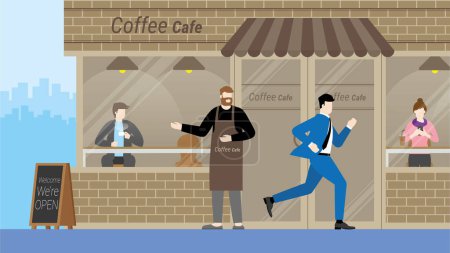 Illustration for Urgent lifestyle concept. Business man run through coffee cafe without interested. Hurry up in rush hour of occupation. Banner vector illustration flat style minimal design. - Royalty Free Image