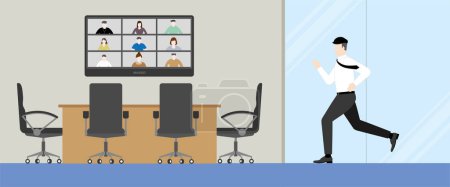 Illustration for Urgent lifestyle concept. Office man running to online video conference meeting lately. Hurry up in rush hour to be on time of professional occupation. Banner illustration flat style minimal design. - Royalty Free Image