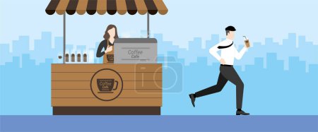 Illustration for Urgent lifestyle concept. Office man running from coffee shop kiosk like marathon runner after drink coffee. Hurry up in rush hour of occupation. Banner vector illustration flat style minimal design. - Royalty Free Image