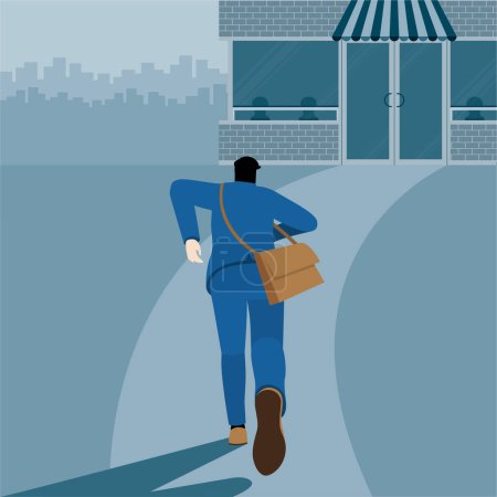 Illustration for Urgent lifestyle concept. Back view of hungry business man running to eat some meal in food cafe. Hurry up in rush hour of occupation. Square vector illustration flat style minimal design. - Royalty Free Image