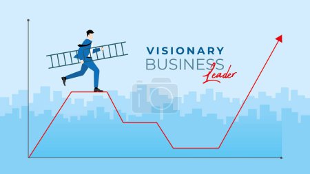 Illustration for Business concept. Visionary business leader. Businessman holds the ladder and run confront to the economic crisis. Vector illustration flat style idea. - Royalty Free Image