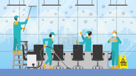 Illustration for Cleaning team in office meeting room. Clean and check inspect professional service for protect the pandemic of COVID-19 coronavirus in workplace. After re-opening business hour for work. - Royalty Free Image