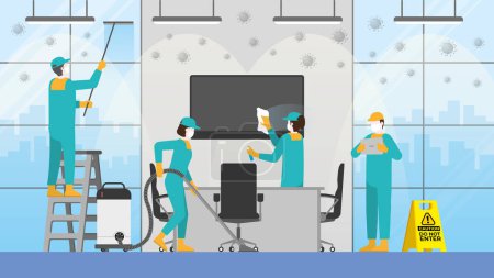 Illustration for Cleaning team in office meeting room. Clean and check inspect professional service for protect the pandemic of COVID-19 coronavirus in workplace. After re-opening business hour for work. - Royalty Free Image