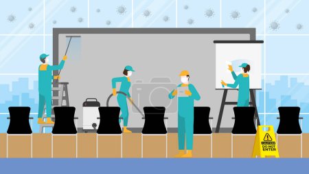 Illustration for Cleaning crew team in conference hall. Clean and check inspector professional service for protect the pandemic of COVID-19 coronavirus and the dirty. Re-opening business after quarantine. - Royalty Free Image