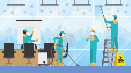 Illustration for Cleaning team in office meeting room. Clean and check inspect professional service for protect the dirty and virus in workplace. After re-opening business hour for work. - Royalty Free Image