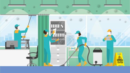 Illustration for Routine cleaning crew team in doctor's office at the hospital. Clean and check inspector professional service for protect the pandemic of COVID-19 coronavirus and the dirty. - Royalty Free Image