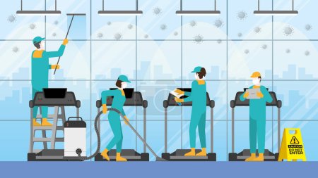 Illustration for Cleaning crew team in fitness center. Clean and check inspector professional service for protect the pandemic of COVID-19 coronavirus and the dirty. Re-opening business after quarantine. - Royalty Free Image