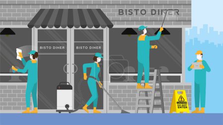 Illustration for Preparing for re-opening. Routine everyday job job concept. Cleaning crew  team wash in front of closed bistro cafe. Clean and check inspector. Professional service for protect the dirty and virus. - Royalty Free Image