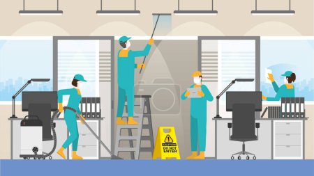 Illustration for Routine everyday job concept. Cleaning team in office workplace room. Clean and check inspect professional service for protect the dirty and virus in workplace. After re-opening business hour for work - Royalty Free Image