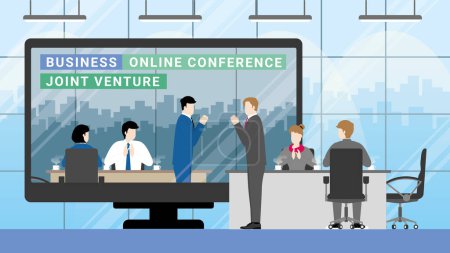 Illustration for Online business partner concept. Joint venture in teleconference meeting room from workplace to another office. Greeting businessman by thai wai with team agreement clapping hand employee. - Royalty Free Image