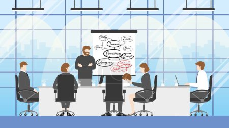 Illustration for Office woman try to wake up sleeping colleague. Diversity of business people brainstorming meeting in conference room. Sharing idea diagram bubble. Collaboration process of multicultural skill. - Royalty Free Image