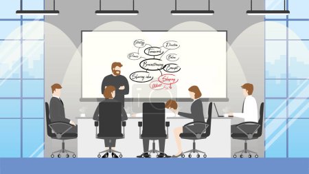 Illustration for Office woman try to wake up sleeping colleague. Diversity of business people brainstorming meeting in conference room. Sharing idea diagram bubble. Collaboration process of multicultural skill. - Royalty Free Image