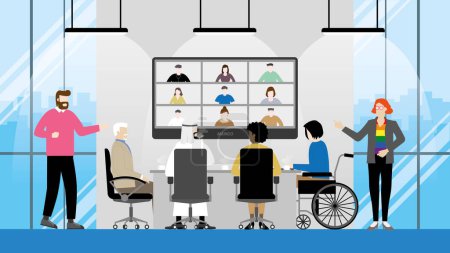 Illustration for Collaboration of diversity multicultural skill people video conference in office meeting room. LGBT, transgender, Gay, Muslim, Handicapped, Different ages, Nationalities, Genres. Equality concept . - Royalty Free Image