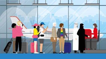  Diverse Paare stehen mit Koffern am internationalen Flughafen. Warteschlange am Schalter von Frauenbüro.