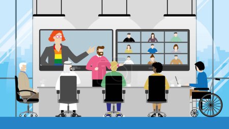 Illustration for Collaboration of diversity multicultural skill people video conference in office meeting room. LGBT, transgender, Gay, Muslim, Handicapped, Different ages, Nationalities, Genres. Equality concept . - Royalty Free Image