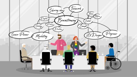 Illustration for Diversity occupation of business people brainstorming meeting in office space. Sharing idea diagram bubble. Collaboration process of multicultural skill employee. LGBT, Muslim, Different Nationality - Royalty Free Image