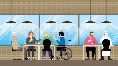 Illustration for Collaboration of diversity people in coffee cafe. LGBT, transgender, Gay, Muslim, Handicapped, Different ages, Nationalities, Genres. Relax, Friendship and Happiness. Equality concept. - Royalty Free Image