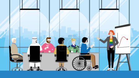 Illustration for Collaboration of diversity people in  office meeting room. LGBT, transgender, Gay, Muslim, Handicapped, Black lady, Different ages, Nationalities, Genres. Equality concept in workplace. - Royalty Free Image