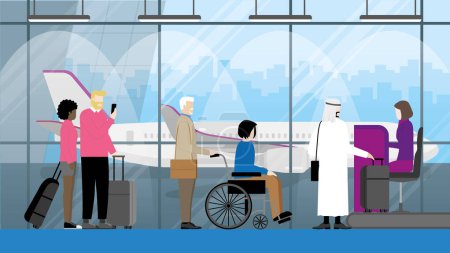 Illustration for Travel concept of diversity people at international airport standing with suitcases at counter check-in queue line by woman officer. LGBT, Muslim, Interracial couple, Nationalities, Handicapped. - Royalty Free Image
