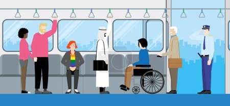 Illustration for Diversity people standing inside the train at public transportation station. Security office greeting by salute. LGBT, Muslim, Interracial couple, Nationalities, Handicapped wheelchair, Genres. - Royalty Free Image