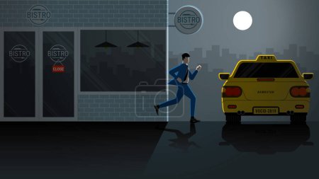 Illustration for City lifestyle work hard play hard of business people. After Friday night party at closed bistro. Hurry up Asian businessman go back home run and leave cafe for taxi at dark night and full moonlight. - Royalty Free Image