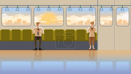 Love at first sight between man and woman in train public transportation at the early morning sunrise. Daily routine city lifestyle of employee people in town with the orange light of romantic scene.