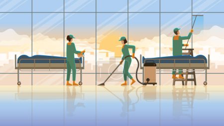 Illustration for Cleaning service team maid working at morgue room hospital with corpse in the early morning sunrise. Daily routine career lifestyle of diligent work hard overwork lifestyle professional service hours. - Royalty Free Image