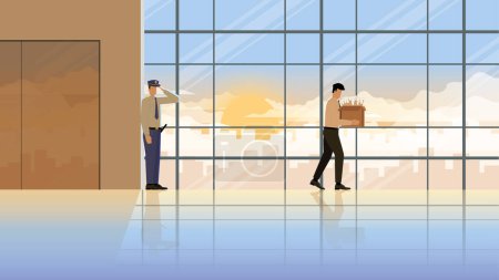 Illustration for Layoff unemployed and fired businesspeople sorrow leaving from office with his stuff box. Goodbye, salute security officer. Economics crisis failure problem sadness upset in the early morning sunrise. - Royalty Free Image