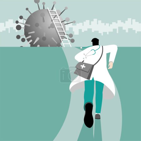 Illustration for Back view of a doctor with medical equipment bag and stethoscope run to virus for climb ladder and across the pandemic crisis. Medical concept of COVID-19 coronavirus epidemic outbreak and infection. - Royalty Free Image