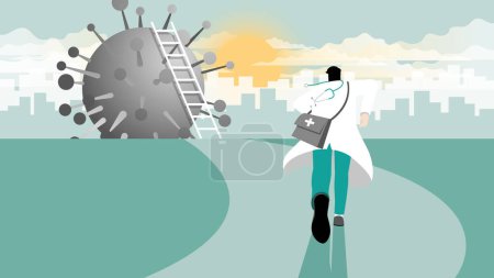 Illustration for Medical concept of COVID-19 coronavirus epidemic outbreak and infection. Back view of a doctor with medical equipment bag and stethoscope run to virus for climb ladder and across the pandemic crisis. - Royalty Free Image