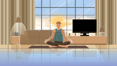 Illustration for Meditation and relaxing time at home. Man sits with his legs crossed on the floor and practice meditating. Practicing mind exercise of Mindfulness, discipline, knowing breath, peace and relieve stress - Royalty Free Image