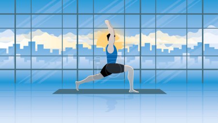 Illustration for Yoga posture and meditation of man practicing exercises in balance pose and body stretching. Mindfulness, discipline, healthy lifestyle, relaxing time, peace, relieve stress, and spirituality concept. - Royalty Free Image