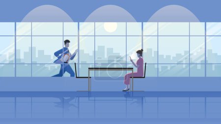 Illustration for Businessman runs with gift box outdoor for dinner with a woman that using smartphone and waiting in a restaurant at night with full moon. City lifestyle of be late business people work hard over time. - Royalty Free Image