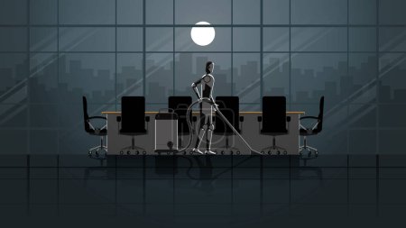Illustration for Robot replace human. Artificial intelligence mechanism clean and work in the office meeting room for 24 hours in the dark and full moonlight without people. unemployment human for a job in the future. - Royalty Free Image