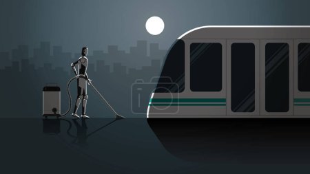 Illustration for Robot replace human. Artificial intelligence mechanism clean and work in train station platform for 24 hours in the dark and full moonlight without people. unemployment human for a job in the future. - Royalty Free Image