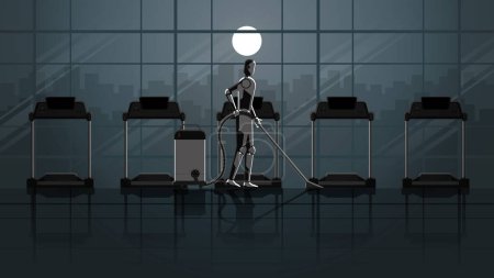 Illustration for Robots replace humans. Artificial intelligence mechanism clean and work in fitness center treadmill for 24 hours in dark and full moonlight without people. unemployment human for a job in the future. - Royalty Free Image