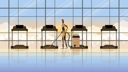 Illustration for Technology concept of Robot replaces human. Artificial intelligence mechanism cyborg clean in fitness center treadmill for 24 hours in early morning sunrise without people. Unemployment job in future. - Royalty Free Image