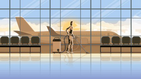 Ilustración de El concepto tecnológico de Robot reemplaza al humano. Mecanismo de inteligencia artificial cyborg limpio en una terminal del aeropuerto durante 24 horas al amanecer temprano por la mañana sin personas. Desempleo para un empleo en el futuro. - Imagen libre de derechos