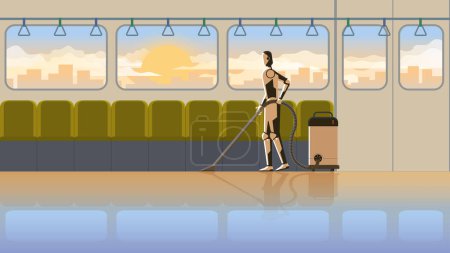 Illustration for Technology concept of Robot replaces human. Artificial intelligence mechanism cyborg cleaning in train transportation for 24 hours in early morning sunrise without people. Unemployment job in future. - Royalty Free Image